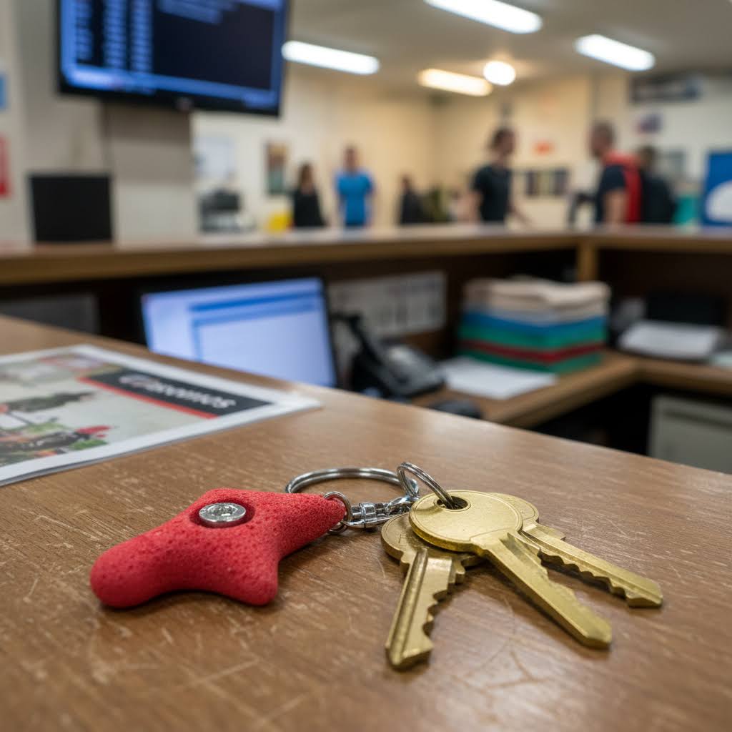 Forager Provisions LTD Seven Peaks red climber speed keychain resting on a wooden desk with keys
