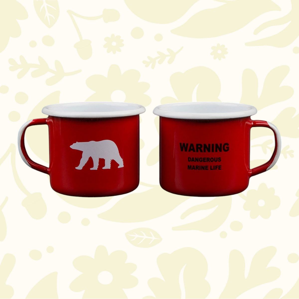 Forager Provisions LTD Emalco Enamelware red 12oz mug featuring a white polar bear and Dangerous Marine Life text