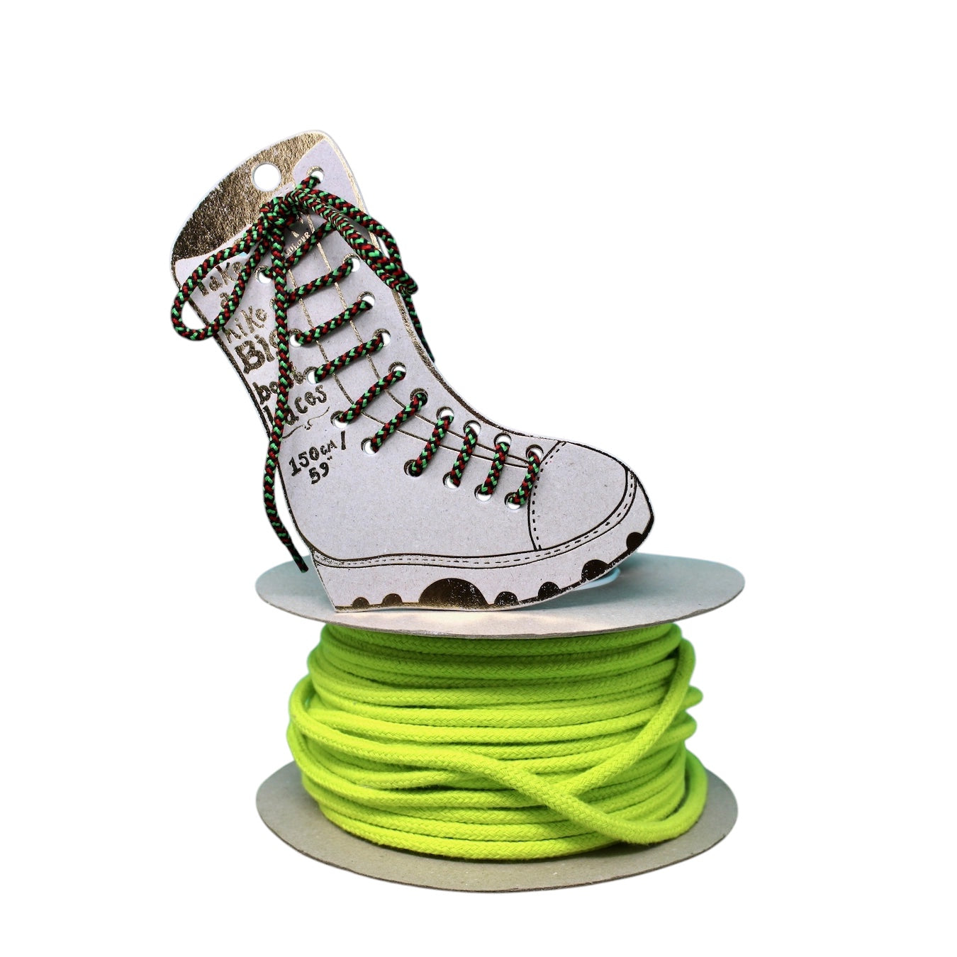 Forager Provisions LTD Ark Colour Design red and green patterned boot laces on a spool with a boot-shaped display card