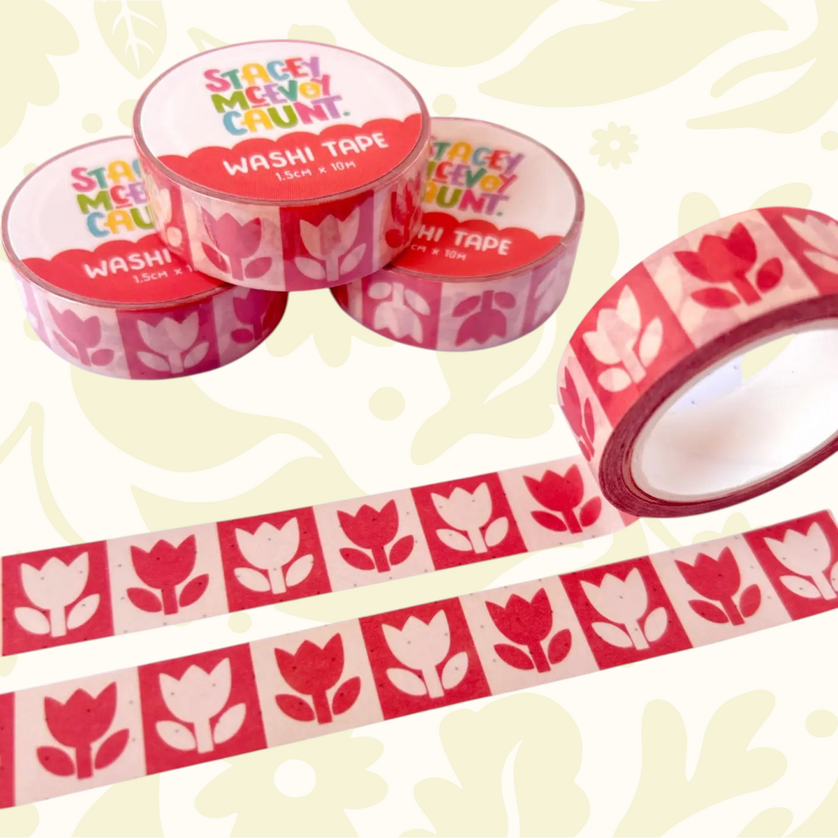 Forager Provisions LTD Stacey McEvoy Caunt washi tape rolls featuring a red folk tulip pattern on matte paper.