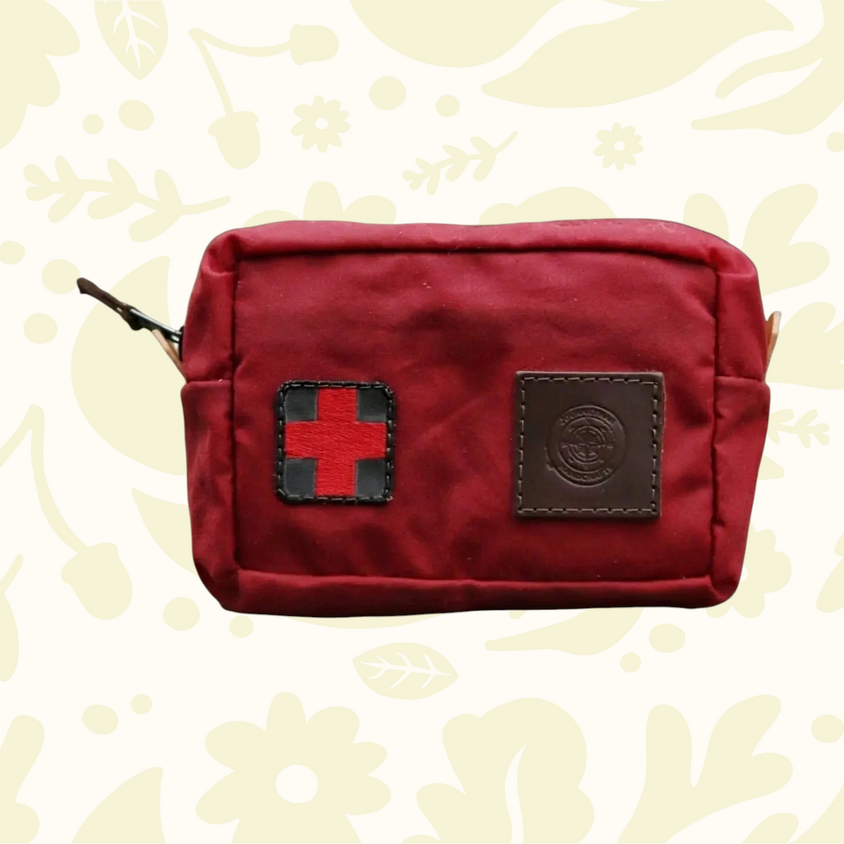 Journeyman Handcraft First Aid Kit Belt—red pouch with leather patch, black/red cross. Durable, compact first aid gear.