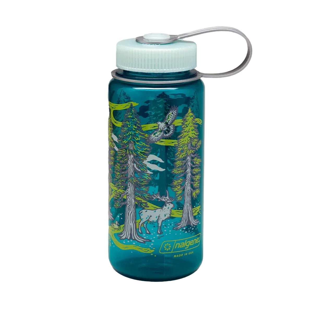 Forager Provisions LTD 16oz Nalgene water bottle in blue Tritan plastic with a Redwoods forest graphic and platinum lid.