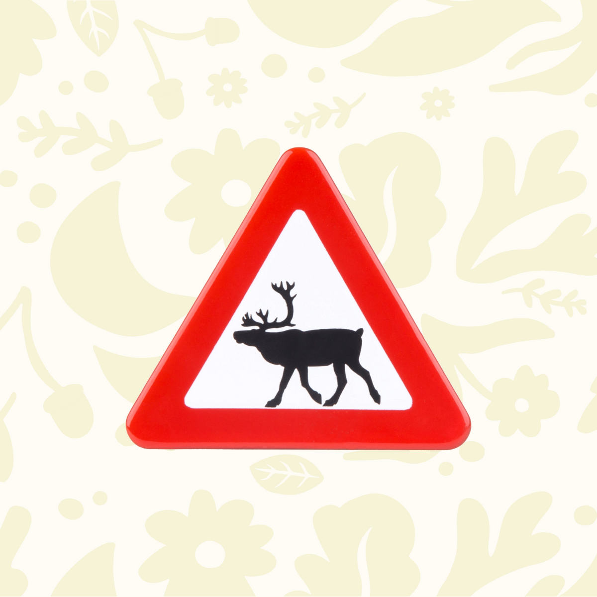 Forager Provisions LTD handmade enamel fridge magnet featuring a red and white Nordic reindeer warning sign design.