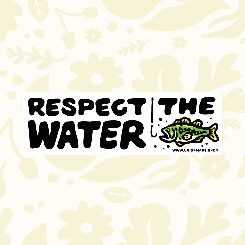 Forager Provisions LTD Respect the Water vinyl bumper sticker with a bass fish graphic on a cream floral background
