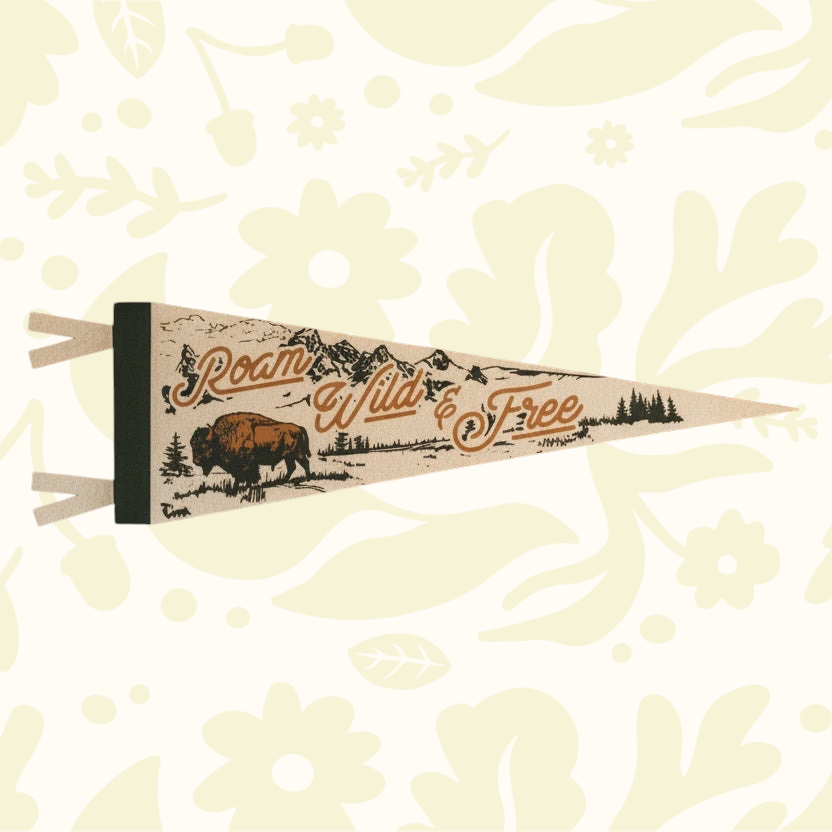 Forager Provisions LTD Roam Wild & Free felt pennant featuring a vintage mountain and bison design in rustic tones.