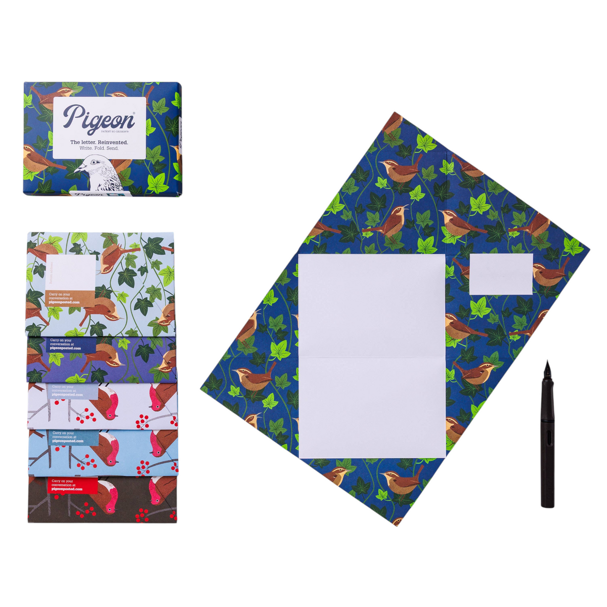 Forager Provisions LTD Pigeonposted folding letter set featuring Robin and Wren bird illustrations on patterned paper.