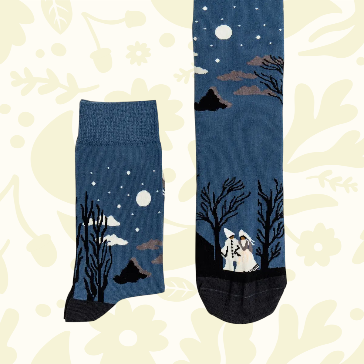 Forager Provisions LTD Carnival Evening Rousseau socks featuring a moonlit forest scene with masked figures in cotton