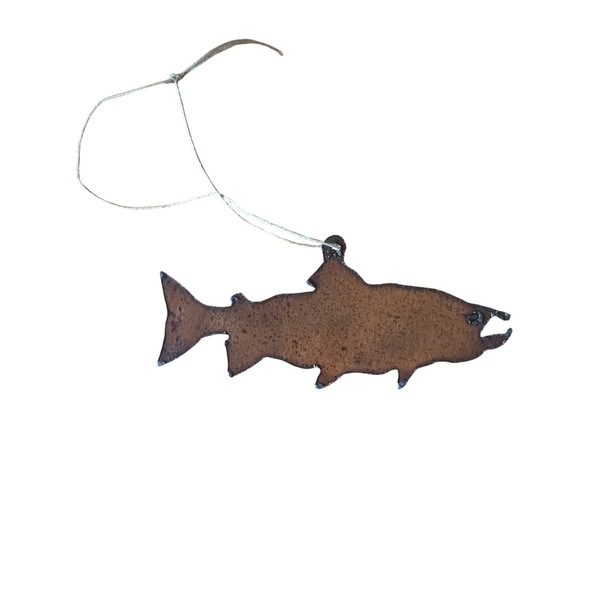 Forager Provisions LTD rustic metal salmon hanging decoration with a twine loop for cabin or lodge wall display