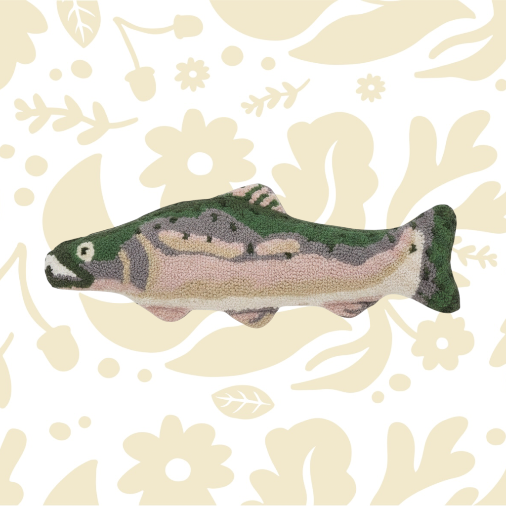 Forager Provisions LTD hand-hooked wool salmon fish shaped cushion with detailed green and pink textures