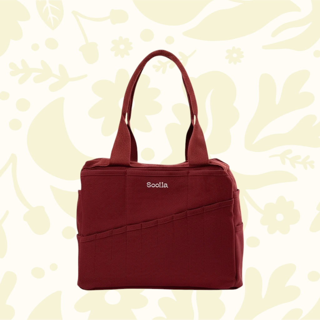 Forager Provisions LTD Soolla Studio sangria red duck canvas artist bag with multiple pockets for craft tool storage