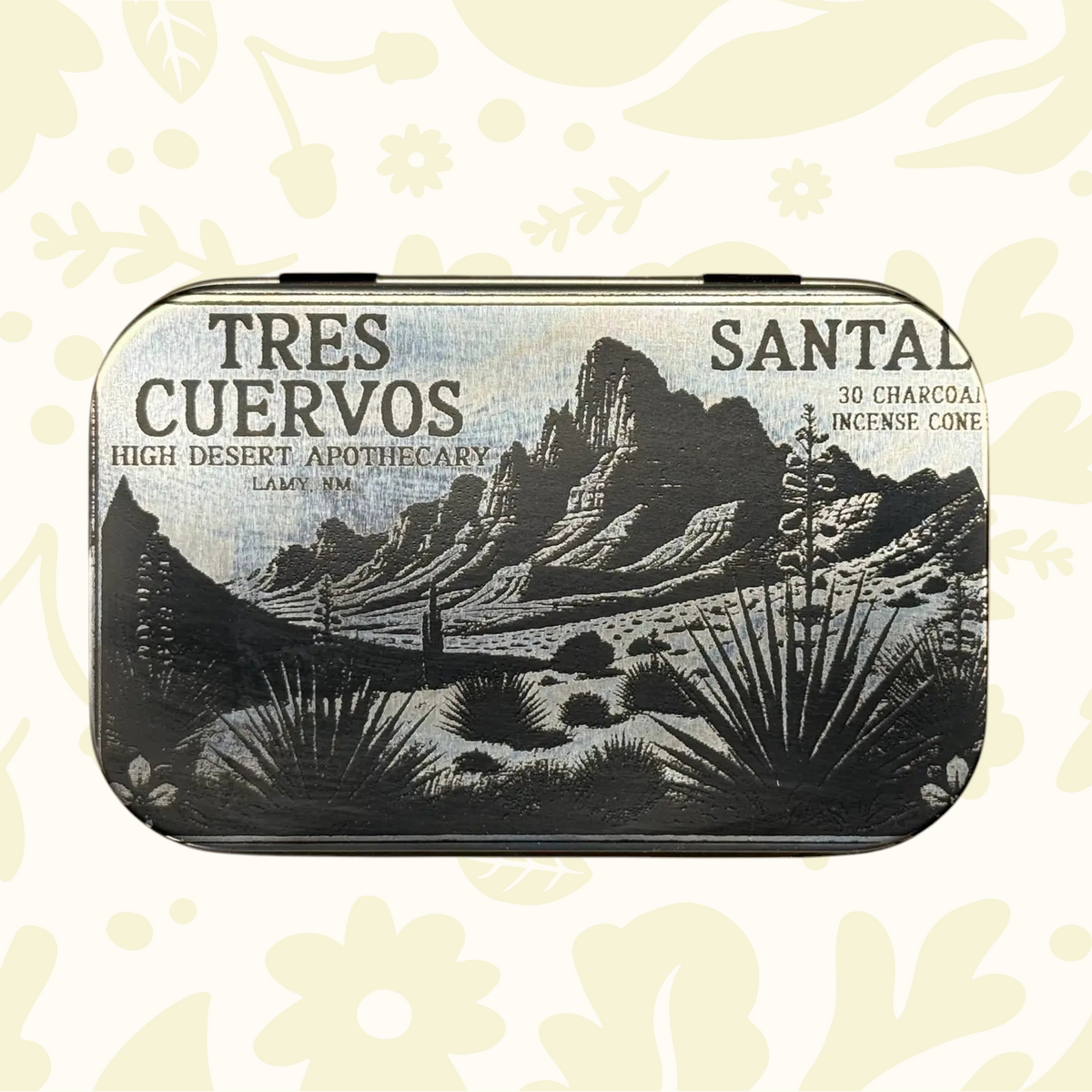 Forager Provisions LTD Tres Cuervos Santal charcoal incense cones in a decorative metal tin with desert landscape art.
