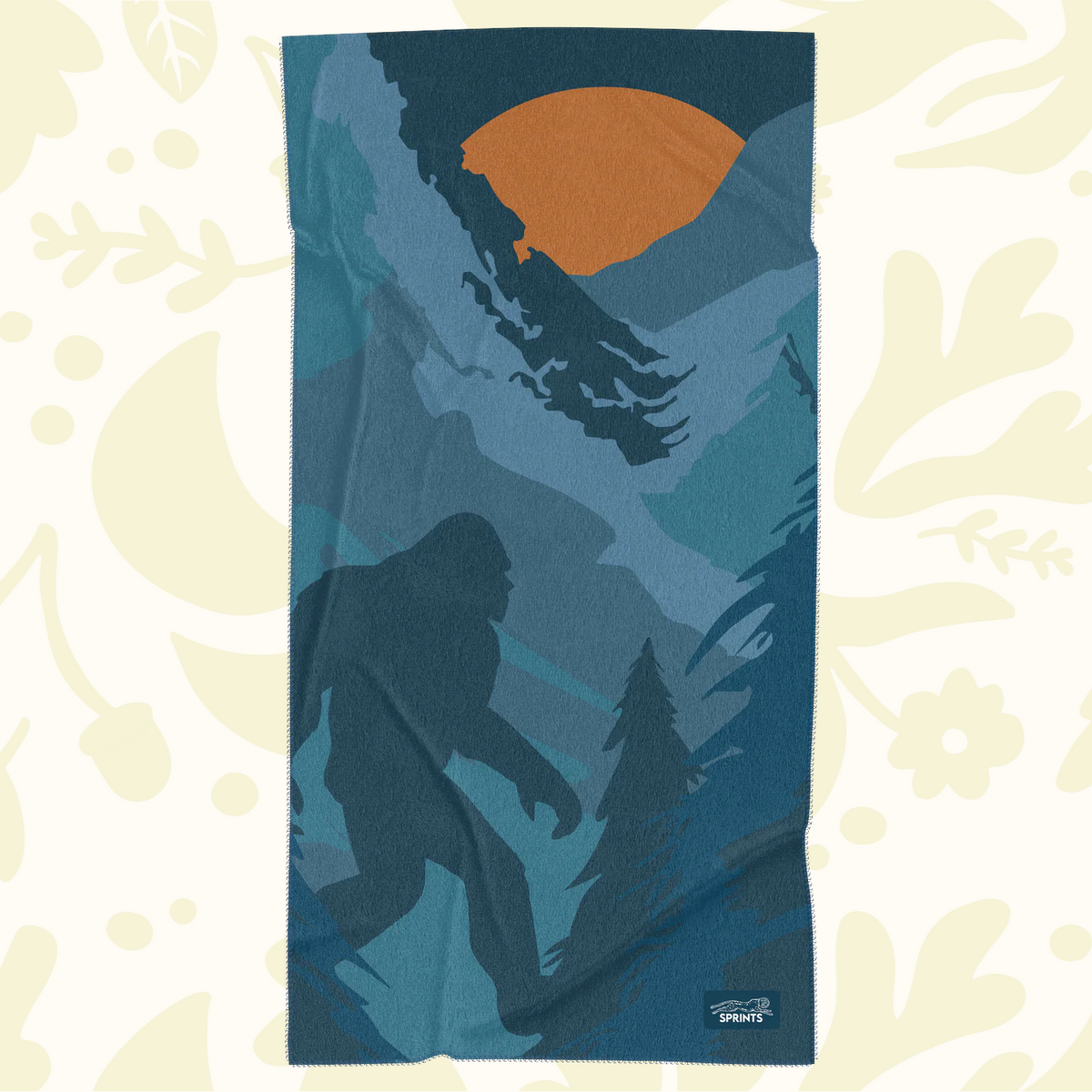Forager Provisions LTD Sprints Sasquatch Habitat car seat towel featuring a blue forest print with a Sasquatch silhouette