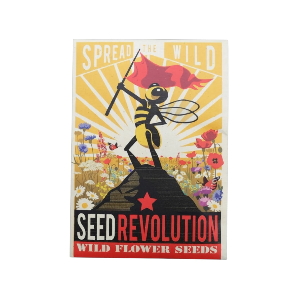 Forager Provisions LTD Seed Revolution wildflower seed packet featuring a bee holding a flag in a meadow