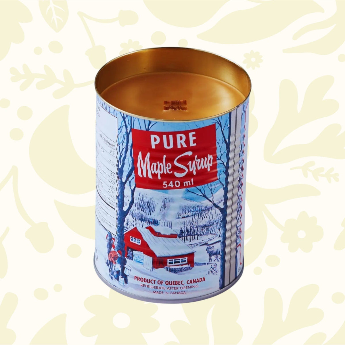 Forager Provisions LTD Seracon maple syrup soy candle in a 540ml tin can with a wood wick and winter cabin design.