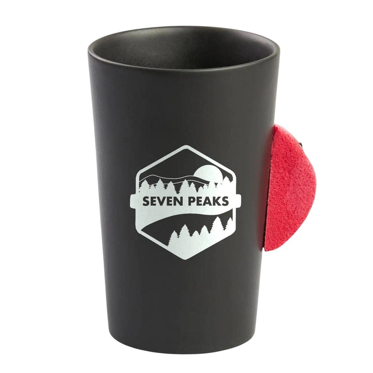 Forager Provisions LTD Seven Peaks Climber 7a ceramic mug in matte black with a red climbing hold handle.