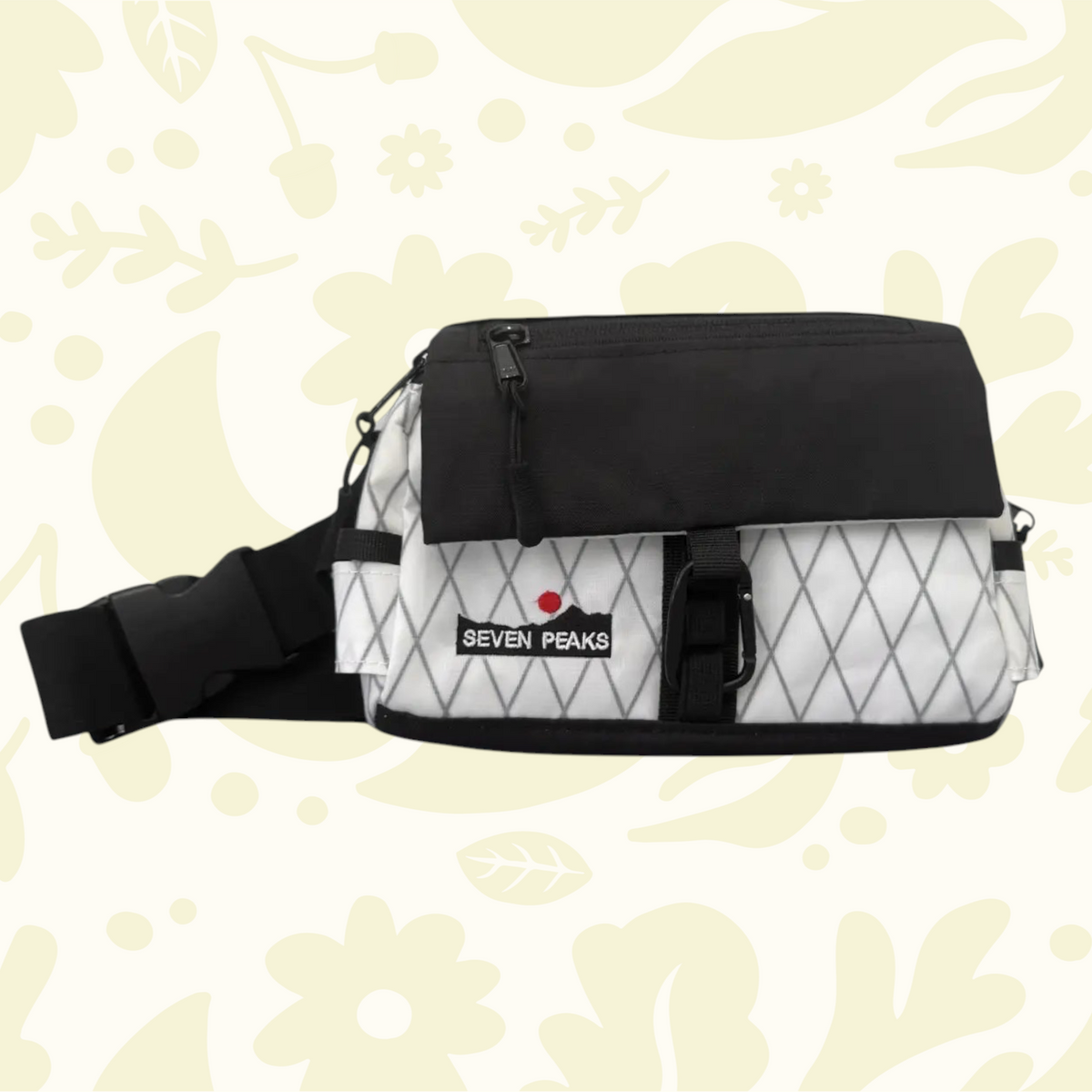 Forager Provisions LTD Seven Peaks black and white water-resistant fanny pack with adjustable strap and front pocket.