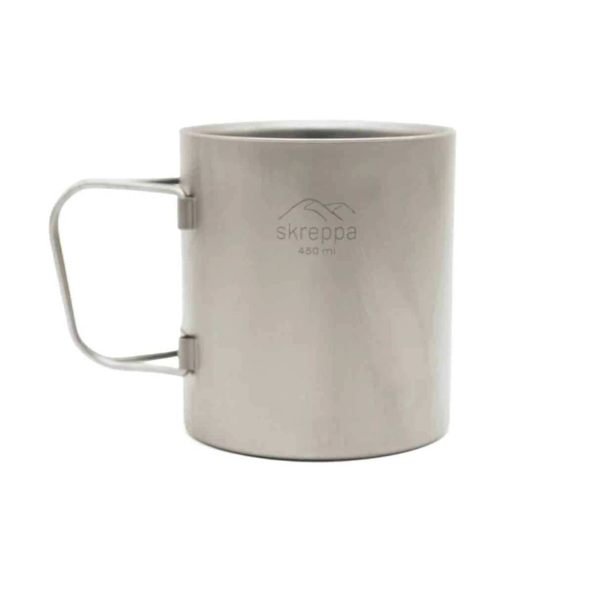 Forager Provisions LTD Skreppa 450ml single wall titanium camping mug with folding handle and etched mountain logo.