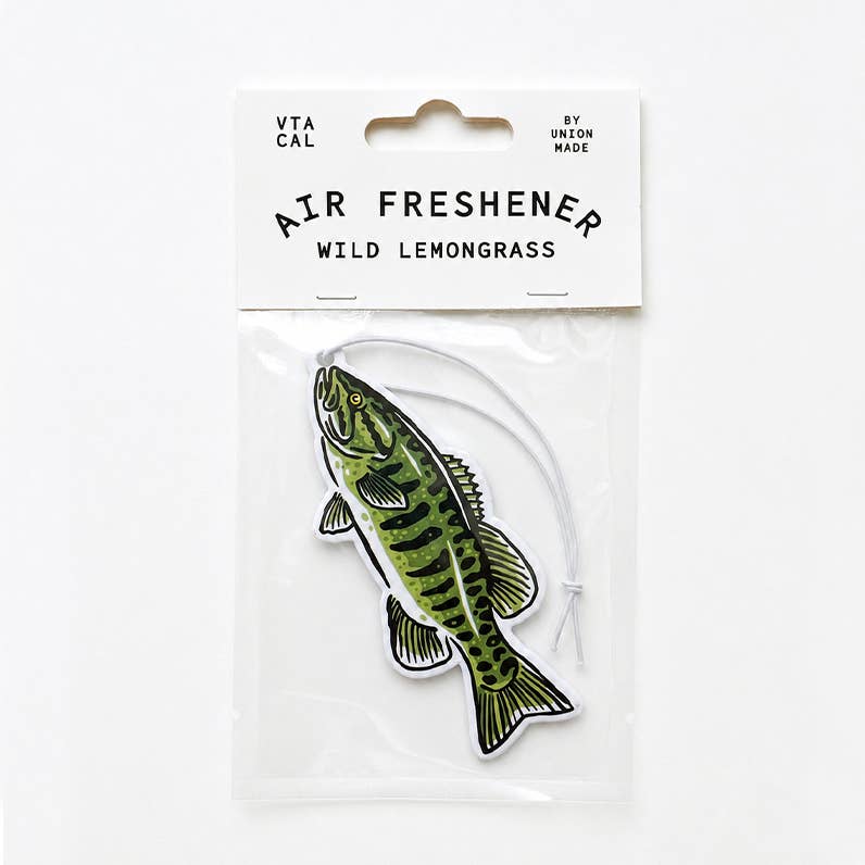 Forager Provisions LTD Smallmouth Bass air freshener in a sealed bag with Wild Lemongrass scent label