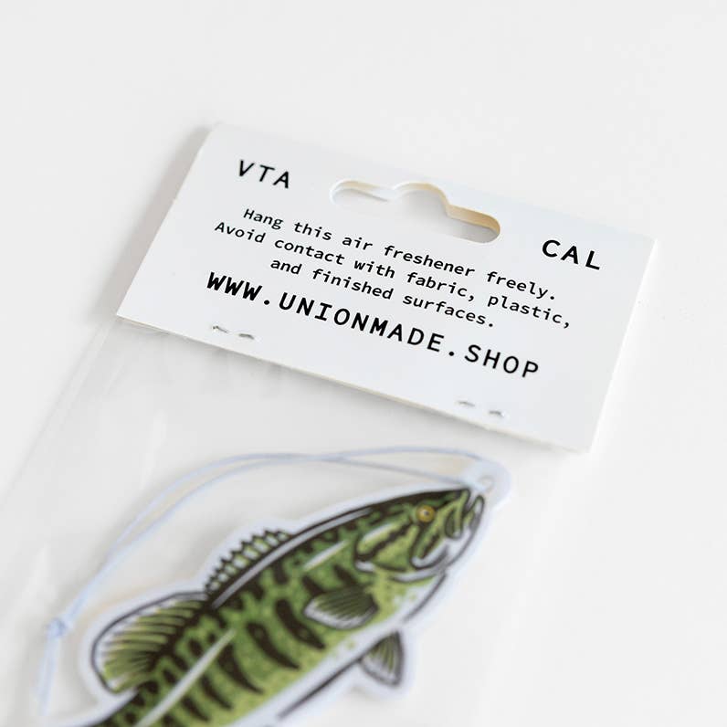 Forager Provisions LTD Smallmouth Bass air freshener with hand-illustrated fish design in a sealed retail package