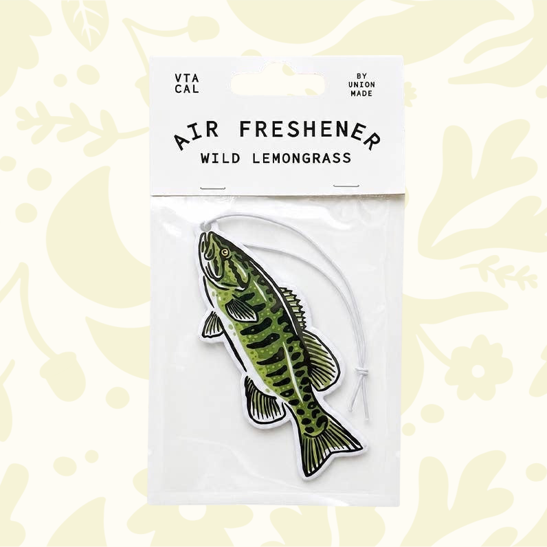 Forager Provisions LTD Smallmouth Bass air freshener with wild lemongrass scent in sealed retail packaging.