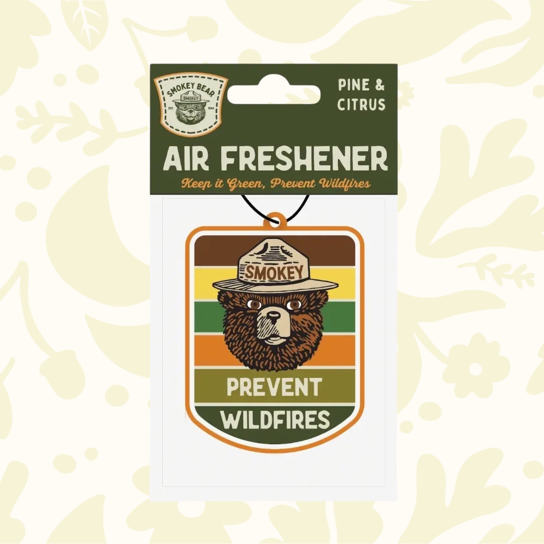 Forager Provisions LTD Smokey Bear hanging air freshener with pine and citrus scent and vintage forest graphic design