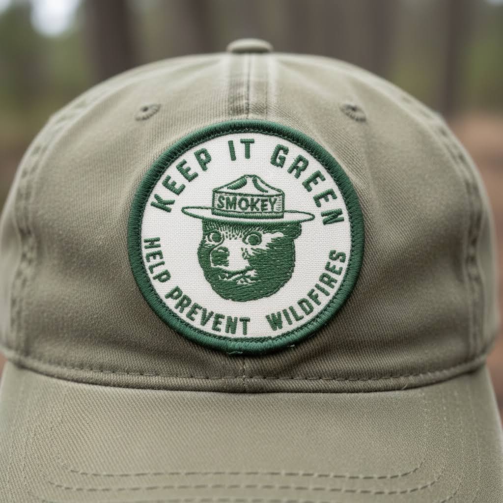 Forager Provisions LTD olive green baseball cap featuring a circular embroidered Smokey Bear Keep It Green patch