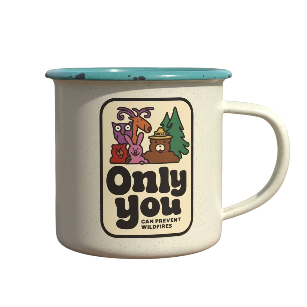 Forager Provisions LTD enamel mug featuring a retro Smokey Bear Only You Can Prevent Wildfires graphic illustration