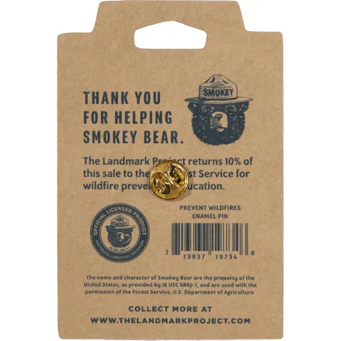 Forager Provisions LTD Smokey Bear enamel pin on branded cardboard backing with wildfire prevention messaging