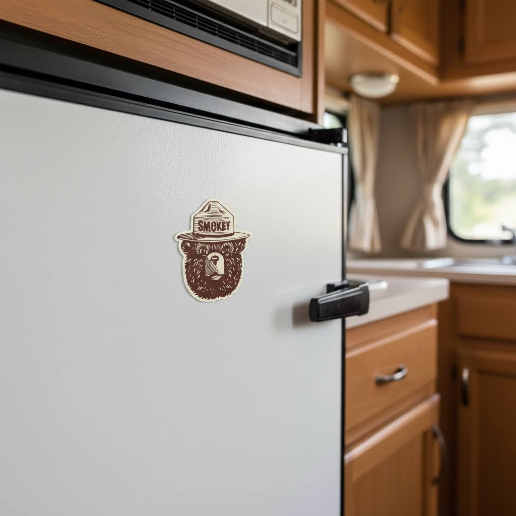 Forager Provisions LTD Smokey Bear face magnet attached to a white refrigerator inside a camper van kitchen.