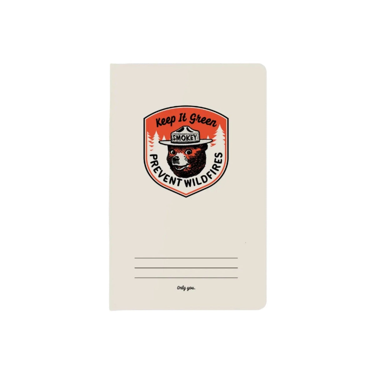 Forager Provisions LTD Smokey Bear mini notebook with a white cover and Prevent Wildfires graphic