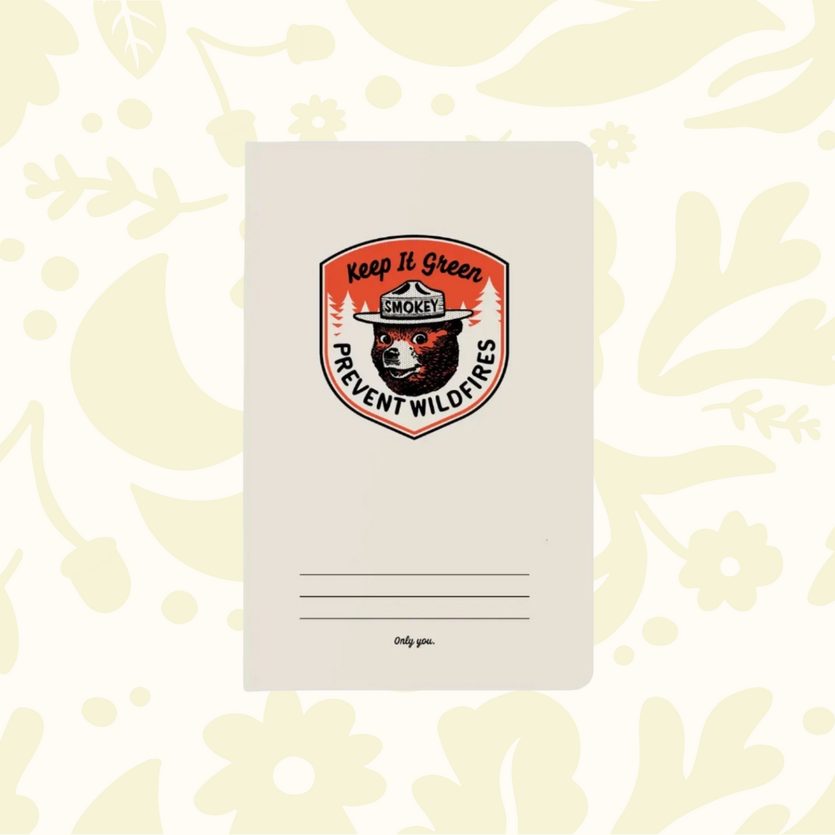 Forager Provisions LTD Smokey Bear mini notebook with a white cover and vintage wildfire prevention graphic