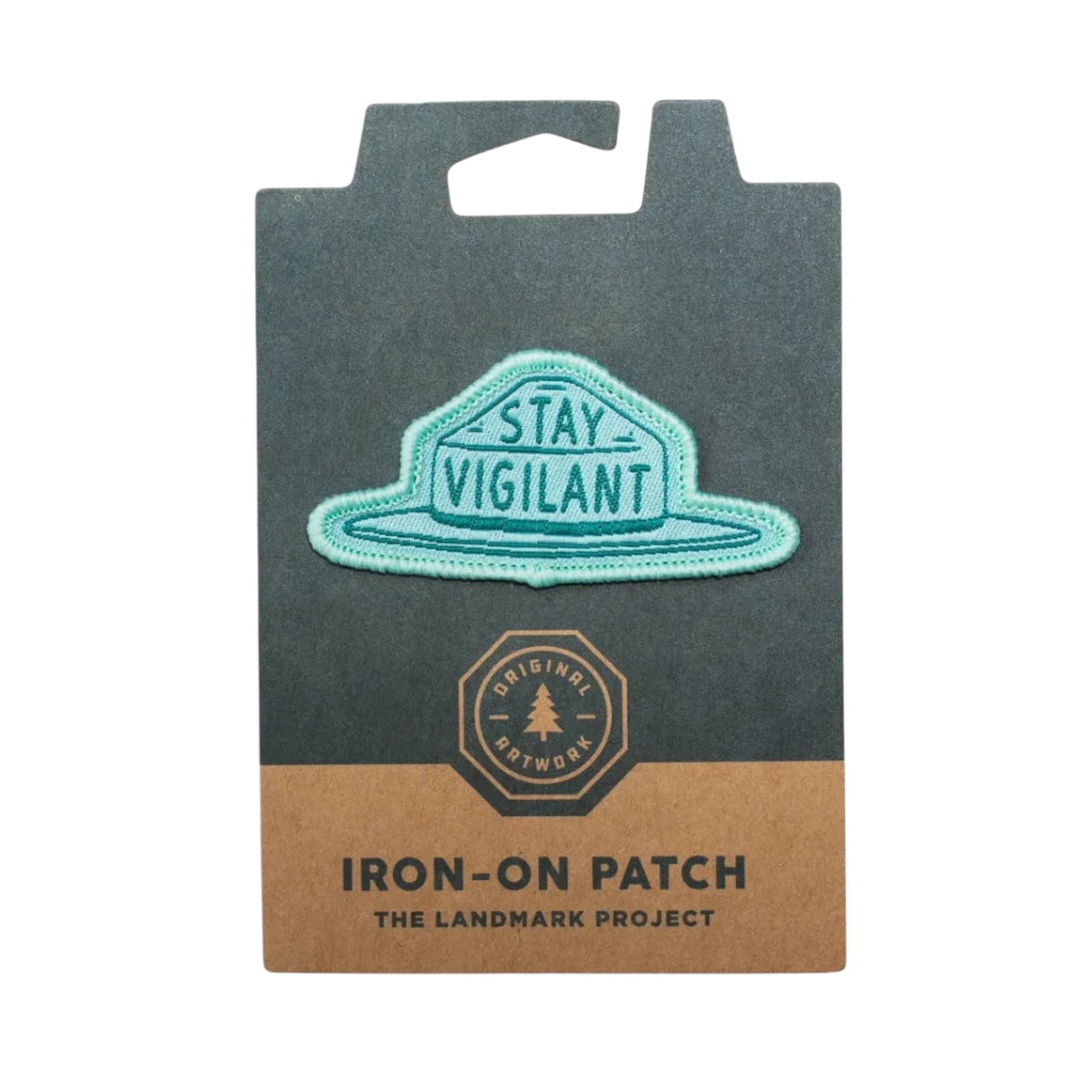 Forager Provisions LTD Smokey Bear iron-on patch in light blue featuring the Stay Vigilant ranger hat design.