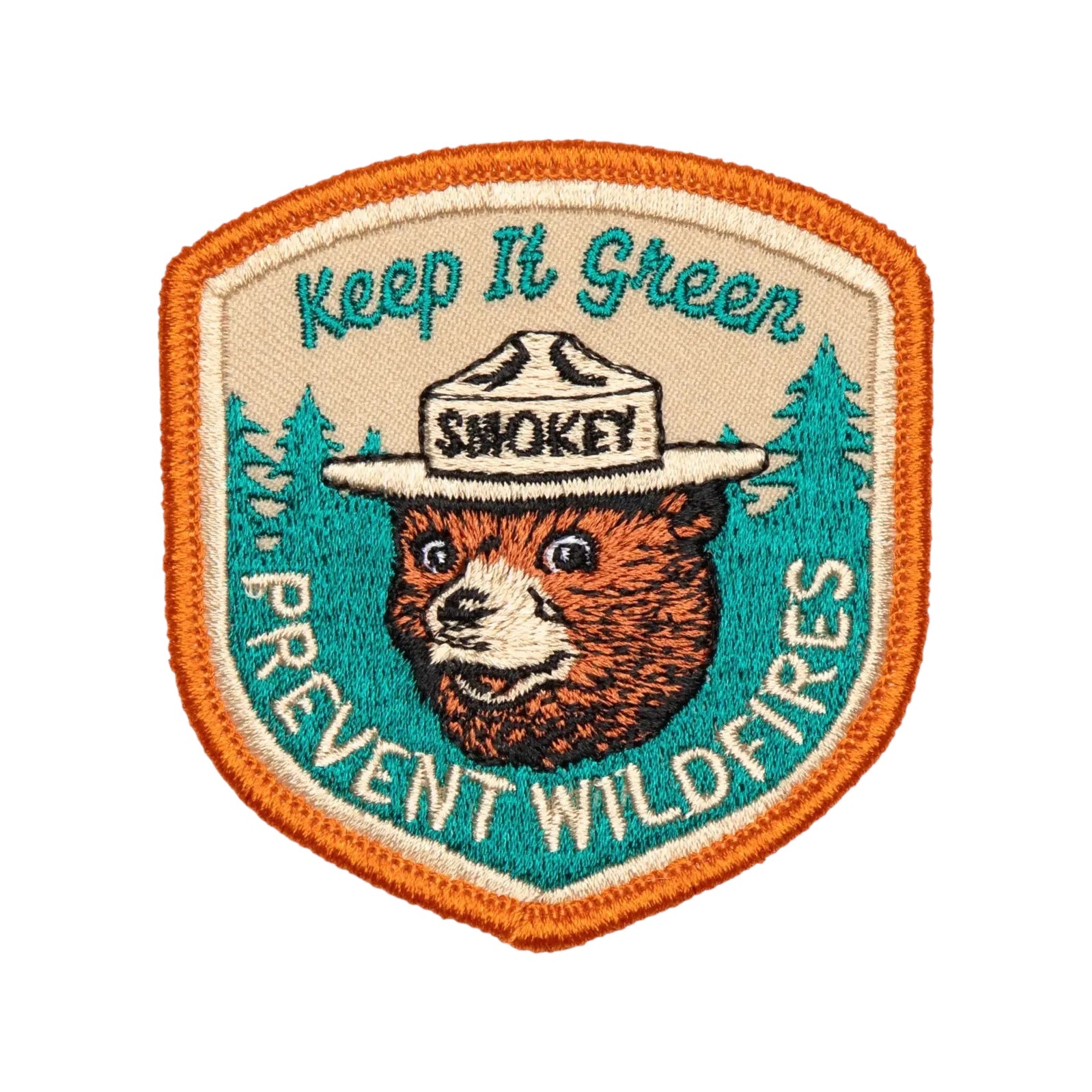 Forager Provisions LTD Smokey Bear Keep It Green embroidered patch with orange border and forest green details.