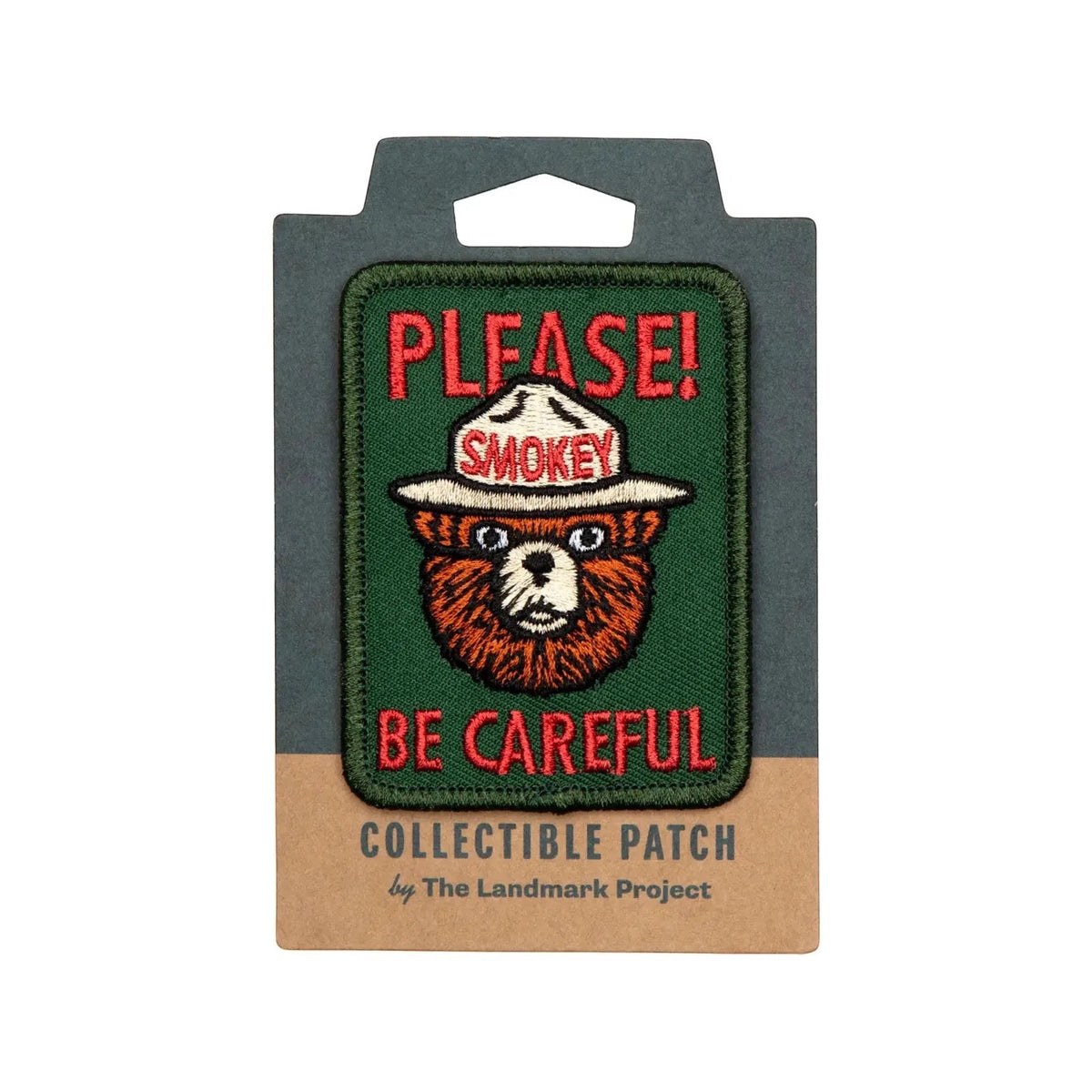 Forager Provisions LTD Smokey Bear Please Be Careful embroidered patch on a branded backing card.