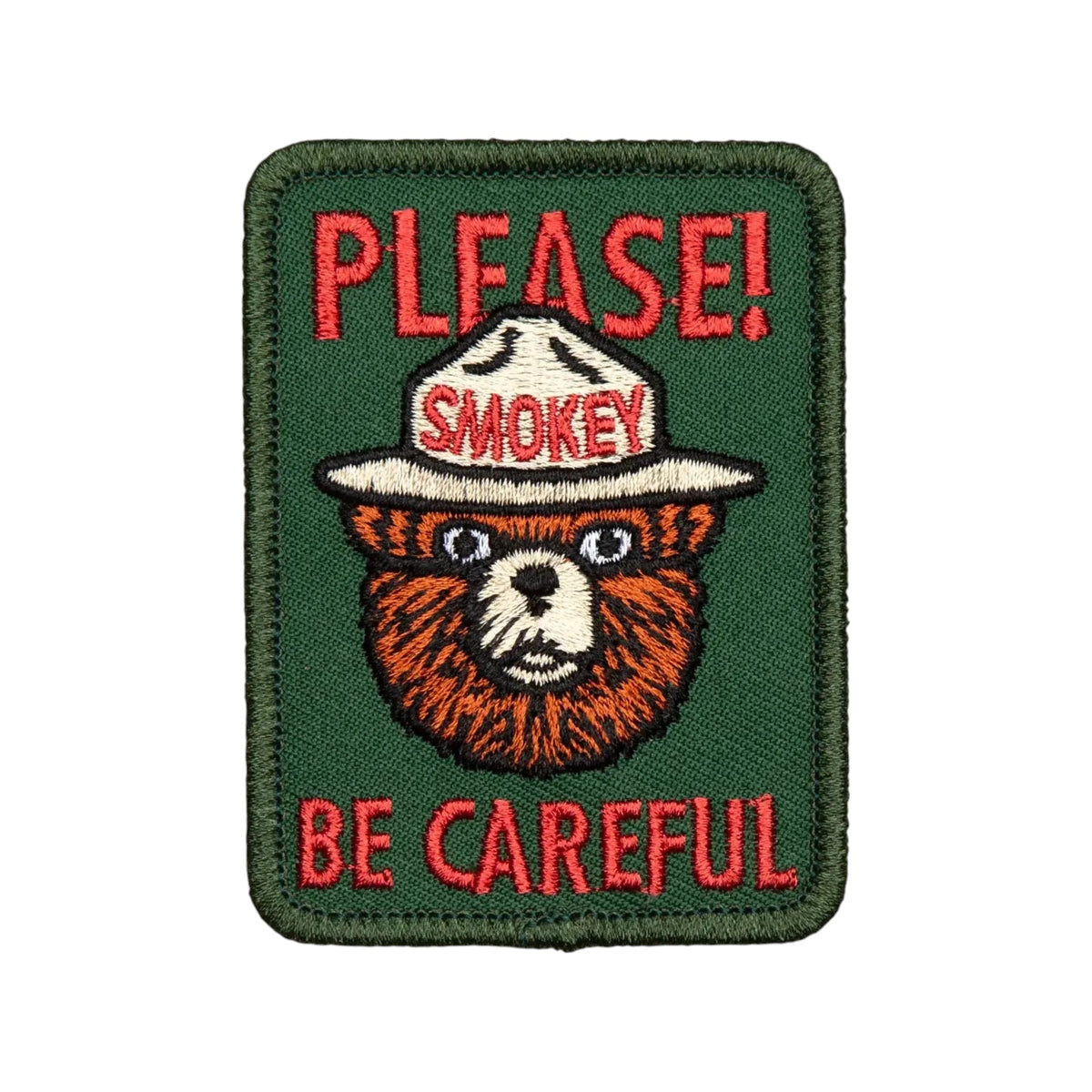 Forager Provisions LTD embroidered Smokey Bear patch featuring a green background and Please Be Careful text