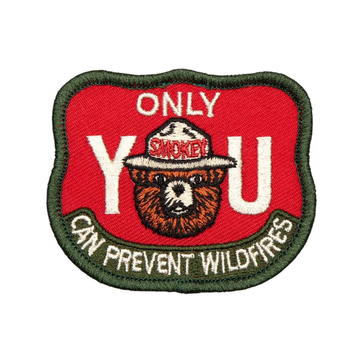Forager Provisions LTD Smokey Bear Only You embroidered patch with red background and green border