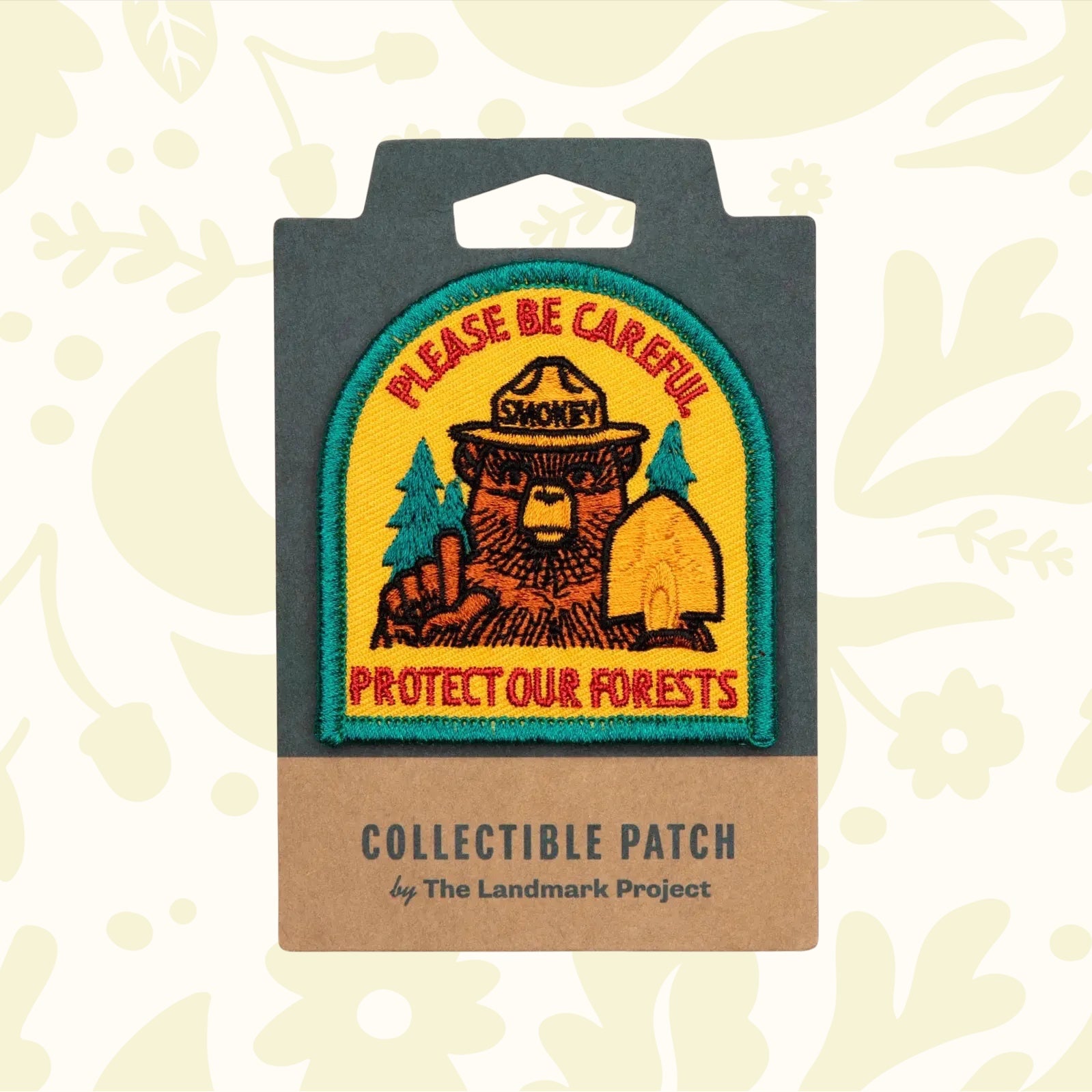 Forager Provisions LTD embroidered Smokey Bear patch featuring Please Be Careful Protect Our Forests text in yellow