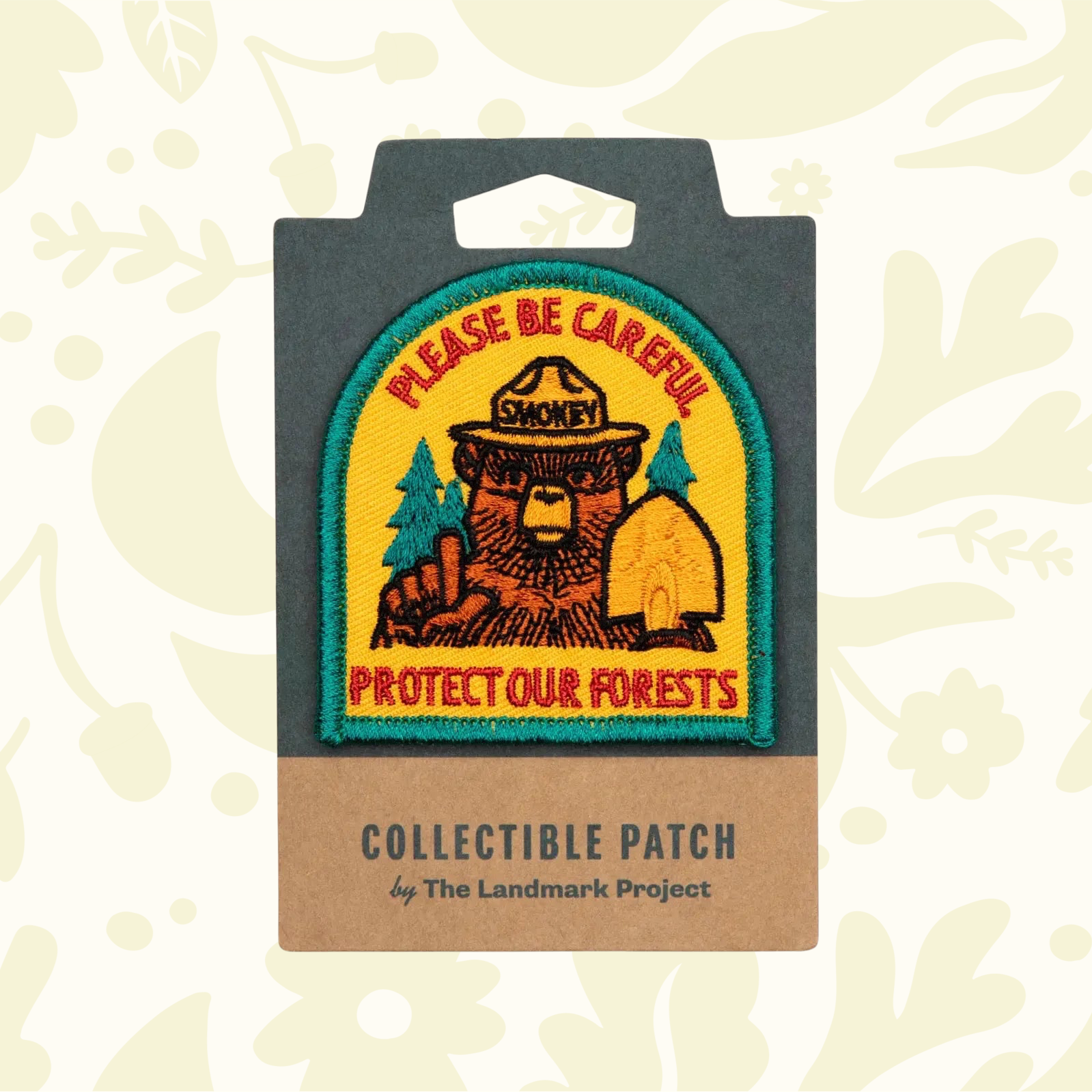 Forager Provisions LTD embroidered Smokey Bear patch featuring Please Be Careful Protect Our Forests text in yellow