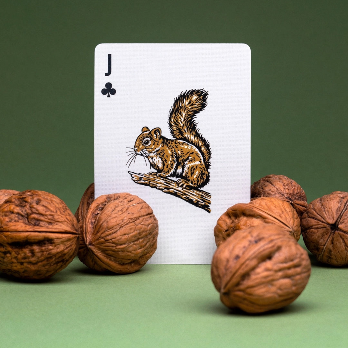 Forager Provisions LTD Smokey Bear playing card featuring a squirrel illustration surrounded by walnuts on green