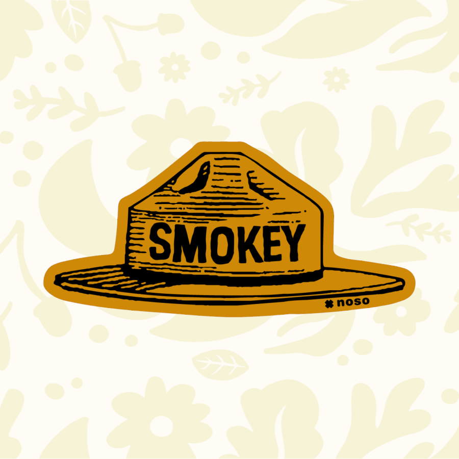 Forager Provisions LTD Smokey Bear ranger hat peel-and-stick repair patch in brown on a cream floral background.