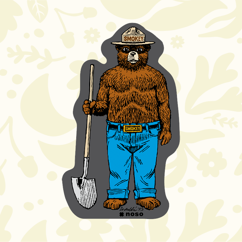 Forager Provisions LTD Smokey Bear Digs x NoSo waterproof repair patch featuring Smokey Bear with a shovel.