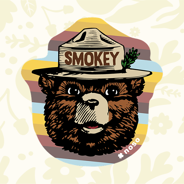 Forager Provisions LTD Smokey Bear Vibes Logo NoSo repair patch featuring a retro bear illustration on striped background