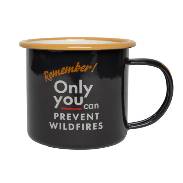 Forager Provisions LTD navy enamel mug featuring Smokey Bear Only You Can Prevent Wildfires graphic and tan rim.