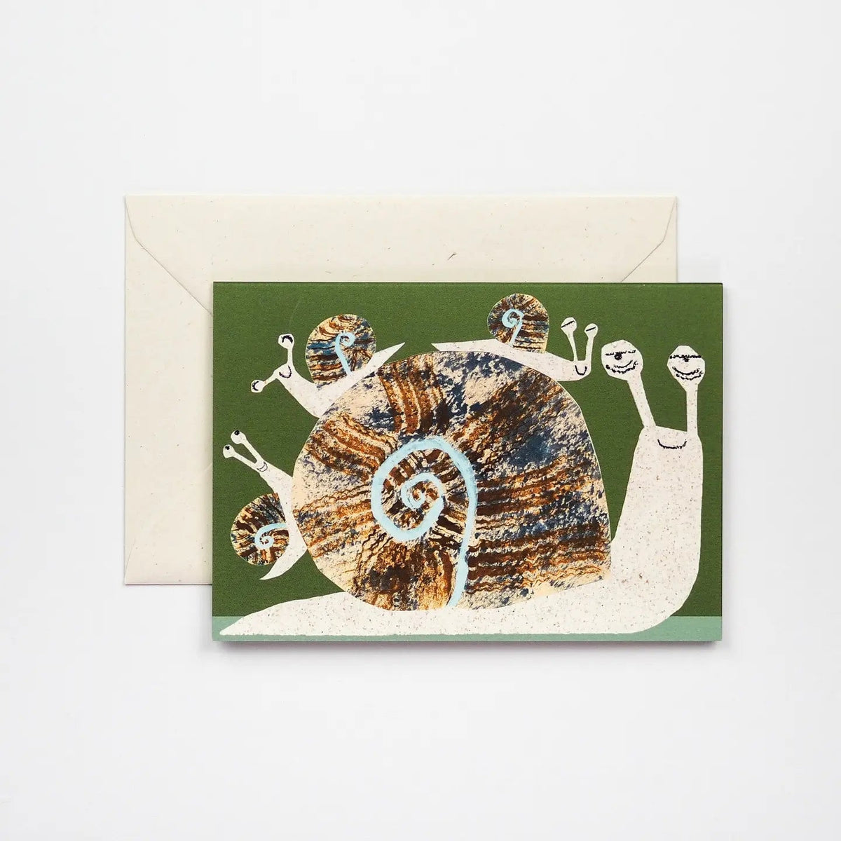 Forager Provisions LTD Hadley Paper Goods snail family greeting card with a textured collage illustration on green card