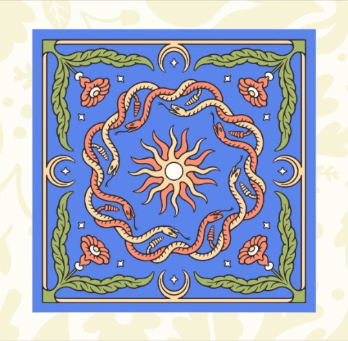 Forager Provisions LTD Snakes blue square art print featuring a circular snake design around a central sun motif.