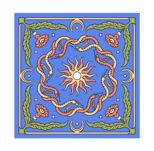 Forager Provisions LTD Snakes blue square art print featuring a circular snake motif, sun, and floral border design.