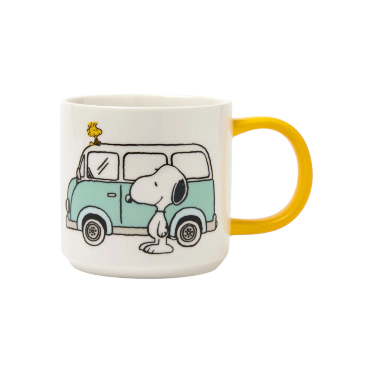 Forager Provisions LTD vegan ceramic mug featuring Snoopy and Woodstock with a campervan, white with yellow handle.