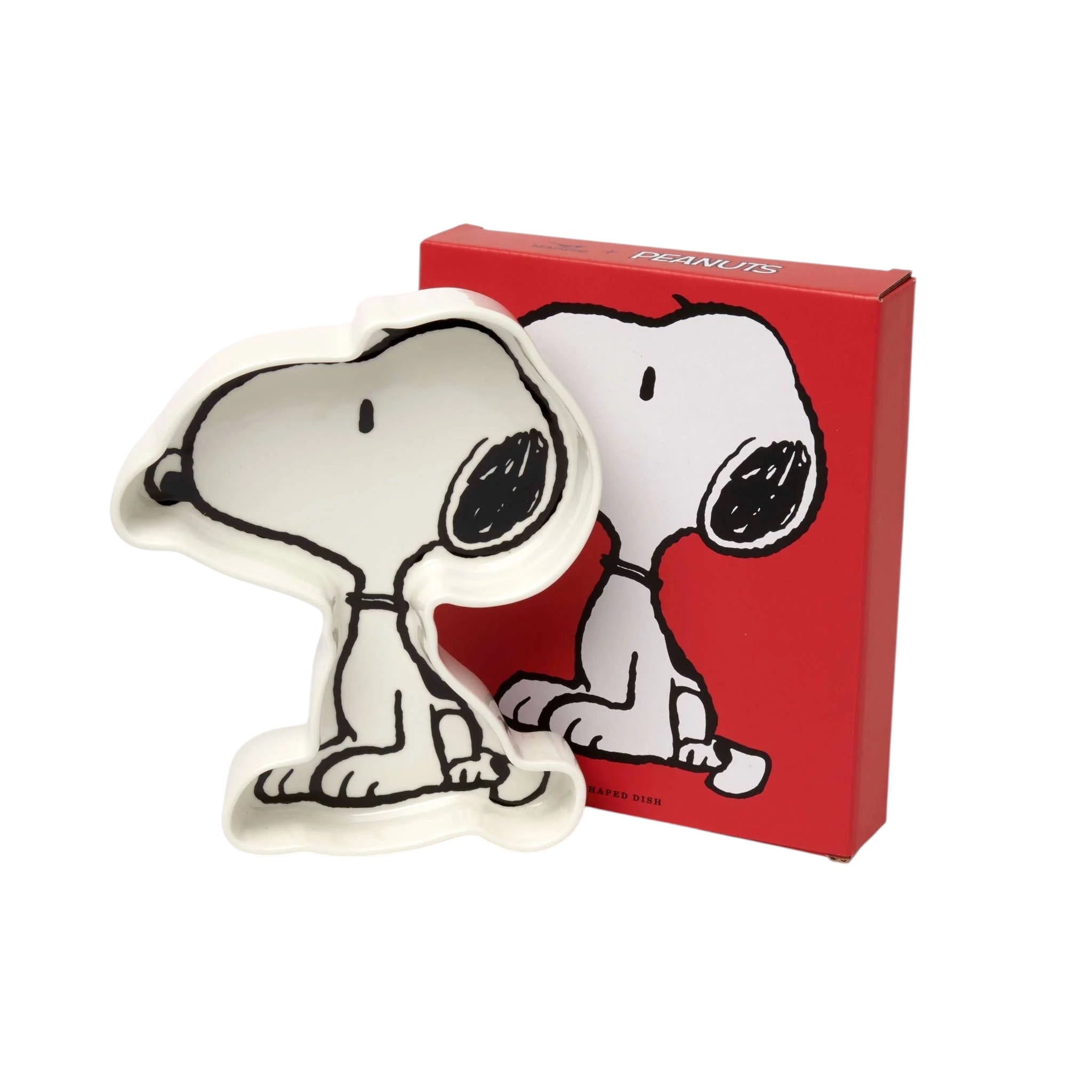 Forager Provisions LTD Snoopy shaped white ceramic-style dish with black detailing next to its red Peanuts gift box.