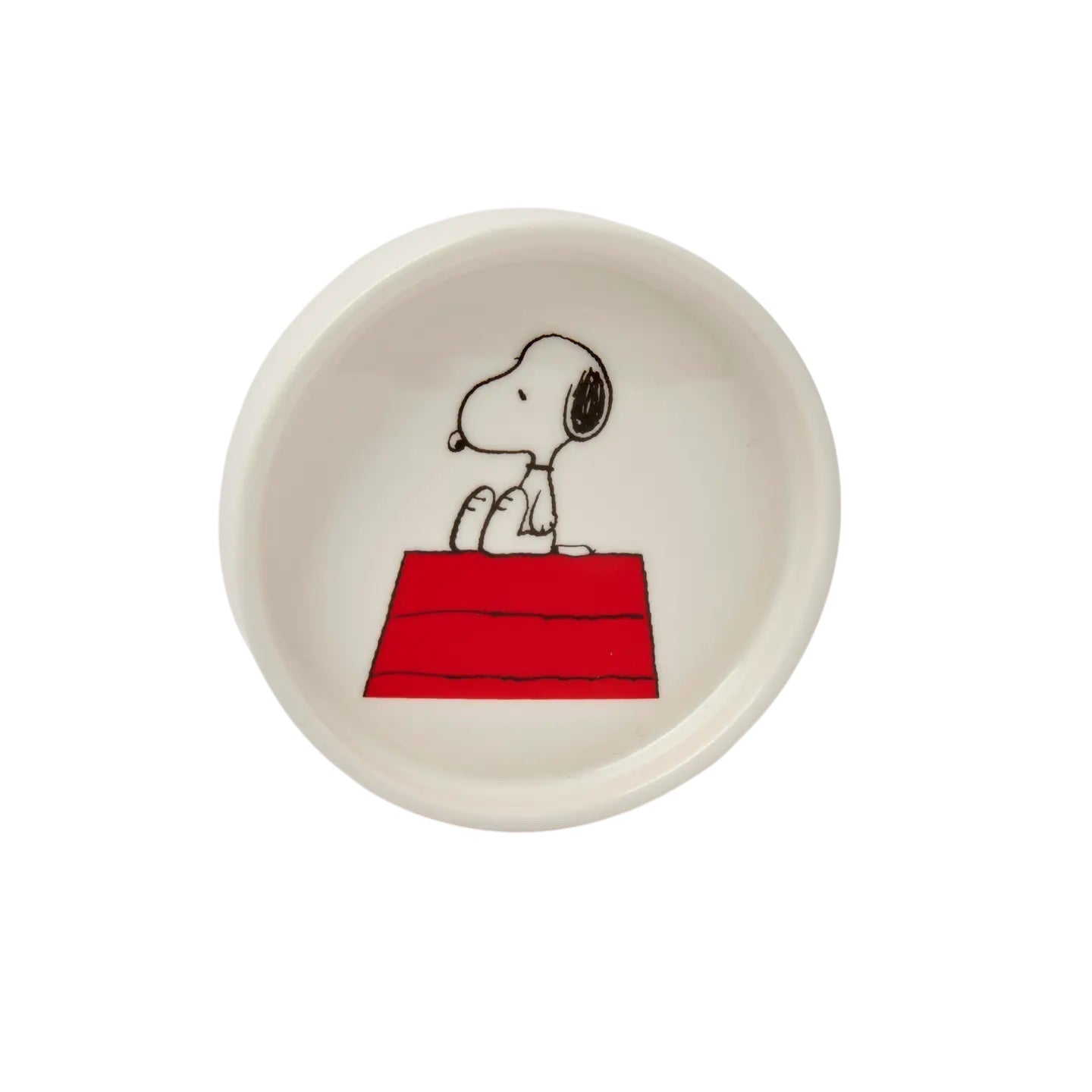 Forager Provisions LTD round ceramic trinket dish featuring Snoopy sitting on his red doghouse