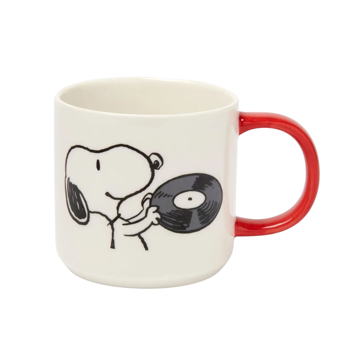 Forager Provisions LTD ceramic mug featuring Snoopy holding a vinyl record with a bright red handle